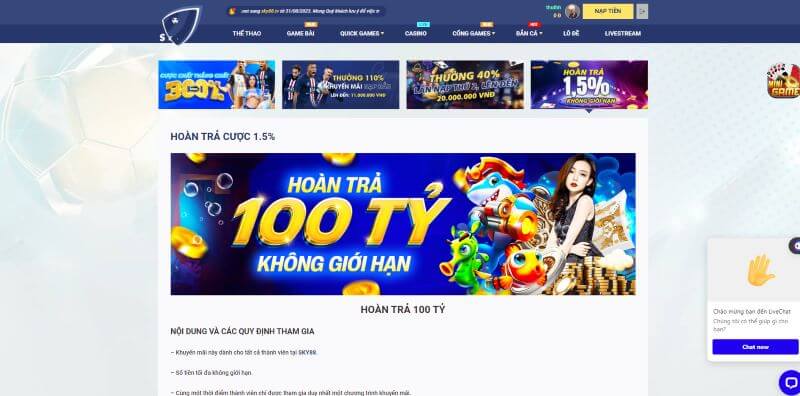 Nhà cái Sky88 áp dụng chương trình hoàn trả 1.5% tổng cược cho người chơi