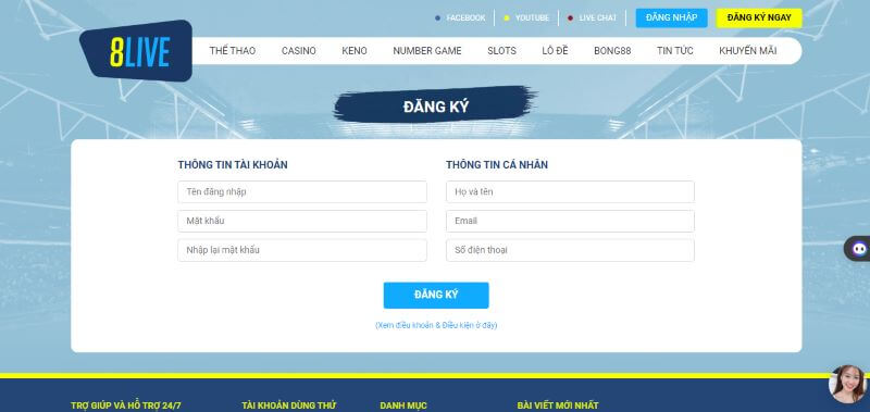 Hoàn tất thông tin đăng ký với nhà cái 8live
