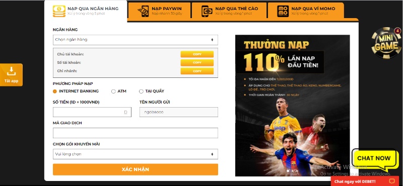 Giao dịch nạp/rút tại sân chơi Debet 