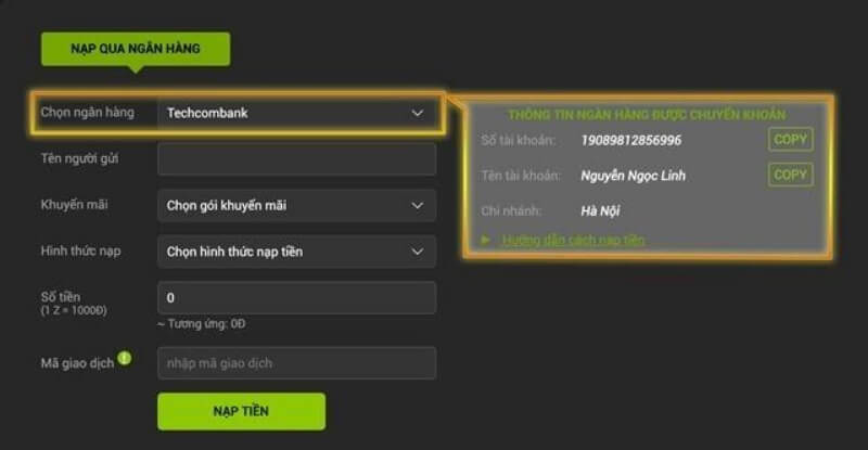 Nạp tiền Zbet qua ngân hàng